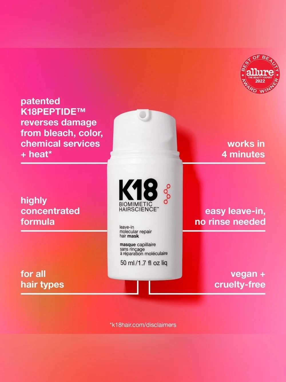 K18 Biomimetic Hairscience  Leave-In Molecular Repair Hair Mask